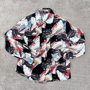 Loco Lindo Geisha Print Rayon Button Front Shirt Medium Black Red Made in USA